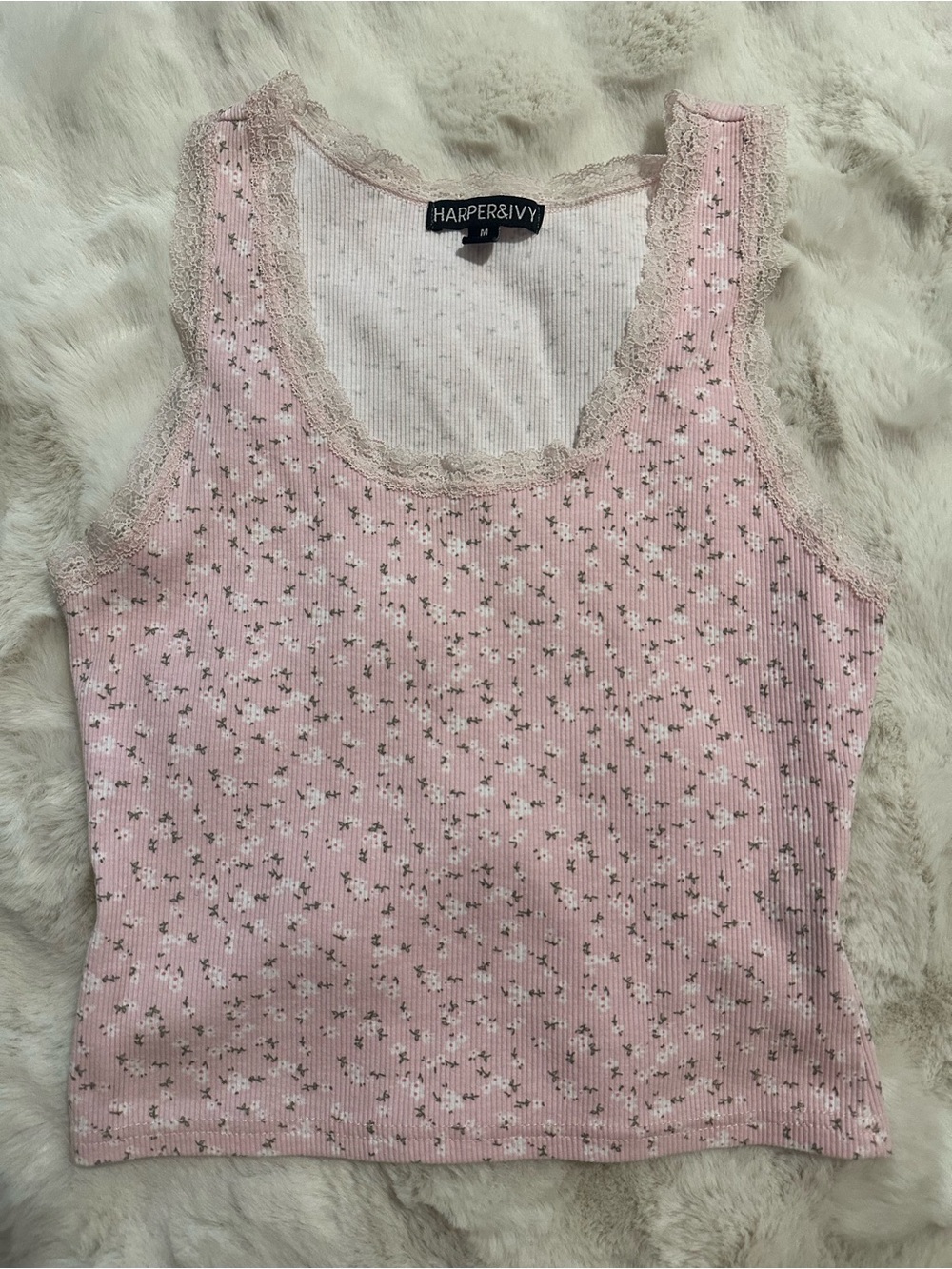 Harper & Ivy Pink Floral Lace-Trim Ribbed Tank Top